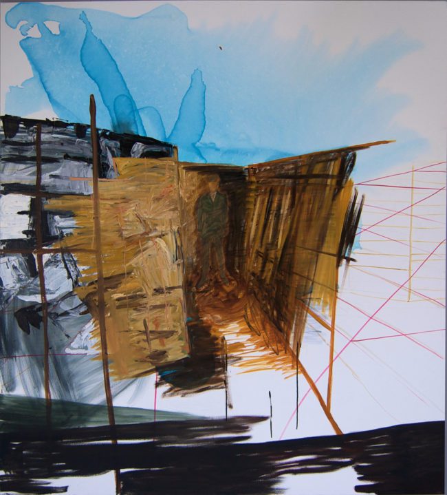 Schilderij met soldaat in landschap in loopgraaf en water
