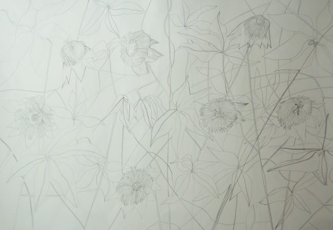 Detail tekening met abstracte plantvormen en dunne stengels