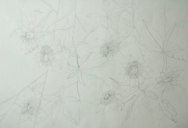 Tekening met herhalend bloemmotief in gedempte tinten
