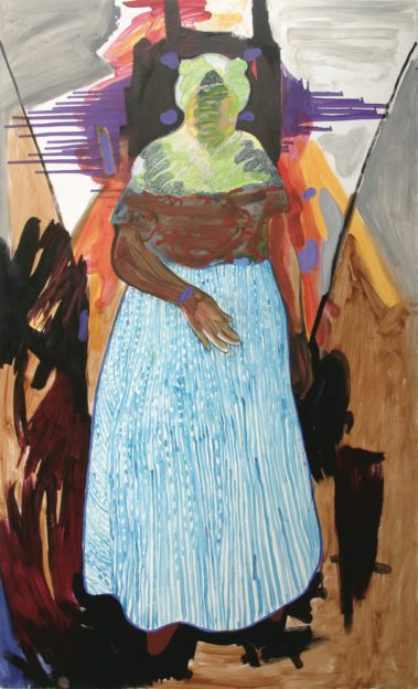 Angst, vissersvrouw, Detail staged painting, installatie tijdens tentoonstelling De Idioot, De Vishal 2004, Haarlem