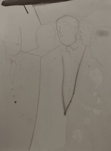 Potloodtekening van figuur op Trespa.