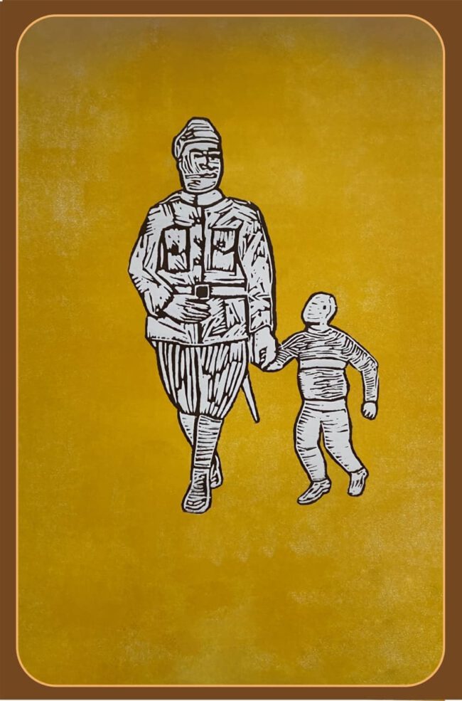 Deze afbeelding heeft als titel Soldaat met kind en maakt deel uit van het kunstwerk 'Moed! Mijn Soldaat' en bestaat uit 25 onderdelen. Elk afzonderlijk onderdeel draagt een titel die de beschouwer inzicht geeft in de diepere betekenis
