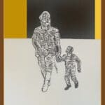 Deze afbeelding heeft als titel Soldaat met Kind en maakt deel uit van het kunstwerk 'Moed! Mijn Soldaat' en bestaat uit 25 onderdelen. Elk afzonderlijk onderdeel draagt een titel die de beschouwer inzicht geeft in de diepere betekenis