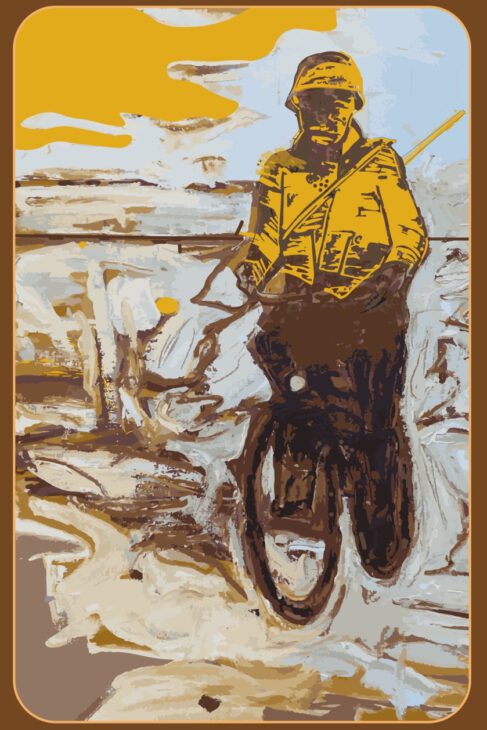 Deze afbeelding heeft als titel De Wielrijder en maakt deel uit van het kunstwerk 'Moed! Mijn Soldaat' en bestaat uit 25 onderdelen. Elk afzonderlijk onderdeel draagt een titel die de beschouwer inzicht geeft in de diepere betekenis