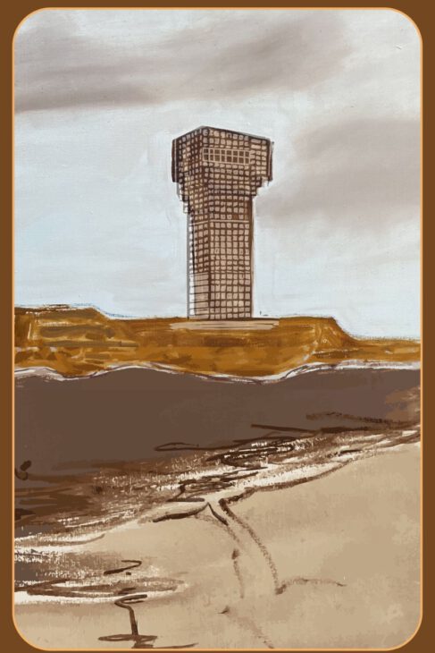 Deze afbeelding heeft als titel De Luchtwachttoren en maakt deel uit van het kunstwerk 'Moed! Mijn Soldaat' en bestaat uit 25 onderdelen. Elk afzonderlijk onderdeel draagt een titel die de beschouwer inzicht geeft in de diepere betekenis