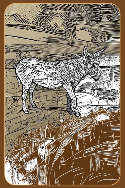Deze afbeelding heeft als titel De Ezel en maakt deel uit van het kunstwerk 'Moed! Mijn Soldaat' en bestaat uit 25 onderdelen. Elk afzonderlijk onderdeel draagt een titel die de beschouwer inzicht geeft in de diepere betekenis