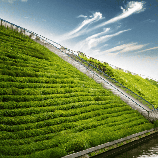 De Groene Dijk, een innovatieve brug met tunnels en een waterval, die geschiedenis en duurzaamheid combineert.