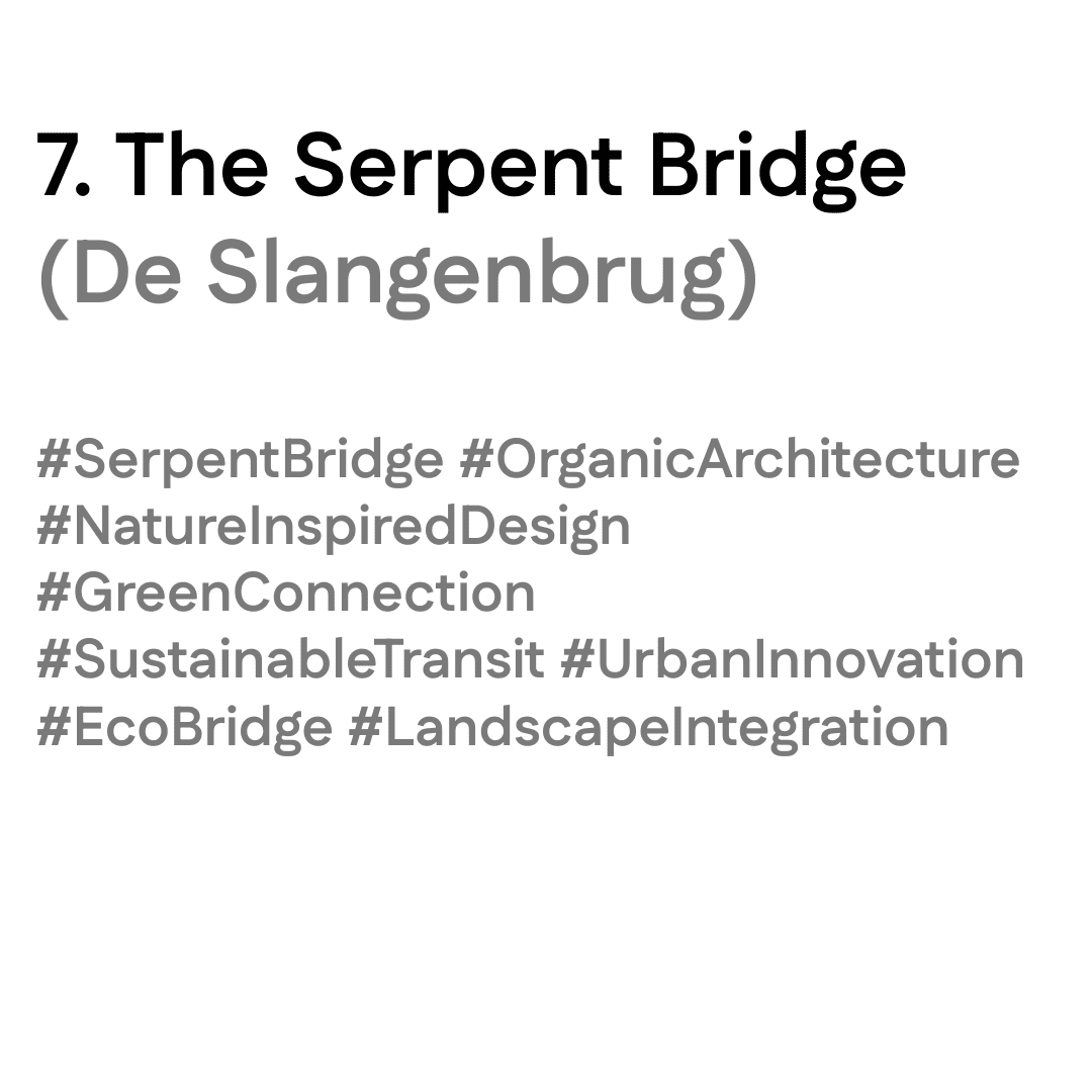 Titeltekst van ‘The Serpent Bridge (De Slangenbrug)’ met tags: #SerpentBridge #OrganicArchitecture #NatureInspiredDesign #GreenConnection